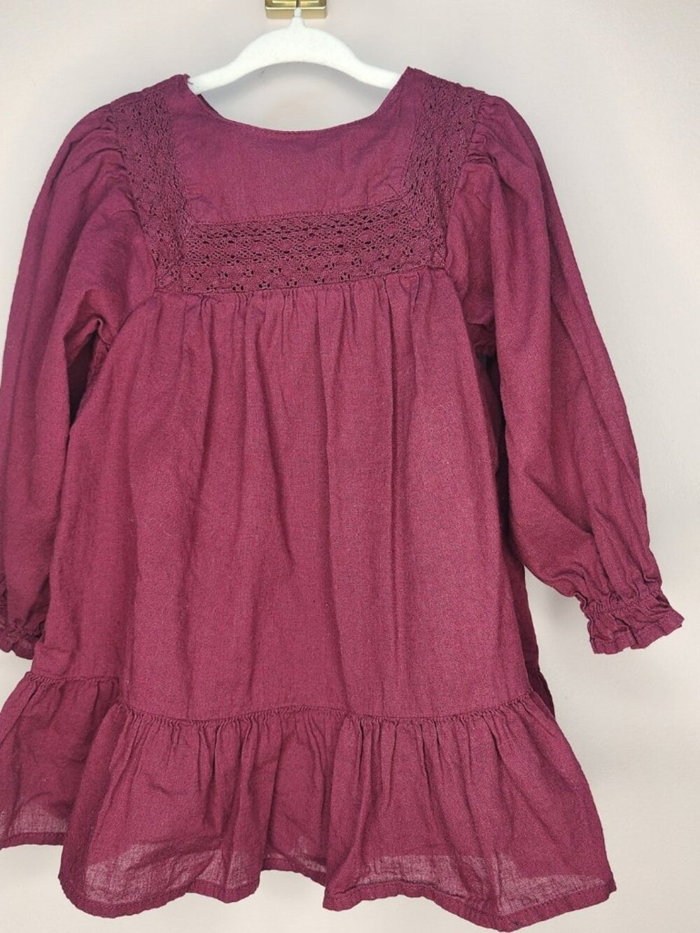 Cat & Jack Boho Ruffle Dress — Burgundy, Size 2T | Crochet Trim Toddler